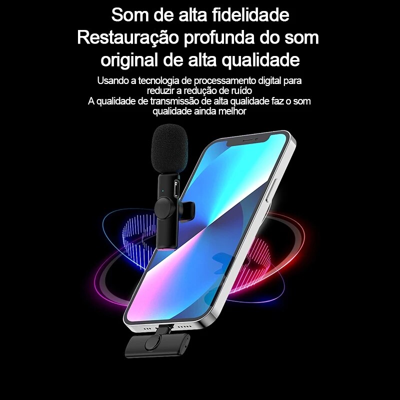 Microfone Lapela Wireless Sem Fio Compatível Android Usb C e Iphone