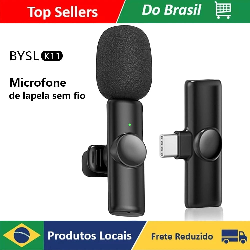 Microfone Lapela Wireless Sem Fio Compatível Android Usb C e Iphone